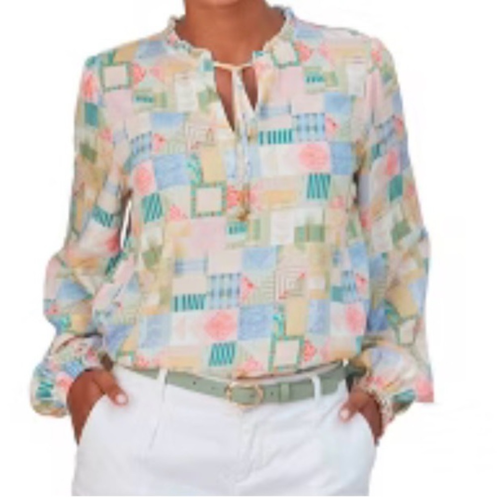 Lascana Patchwork Patterned Women's Top L Tie Ruffle Feminine Pastel Spring